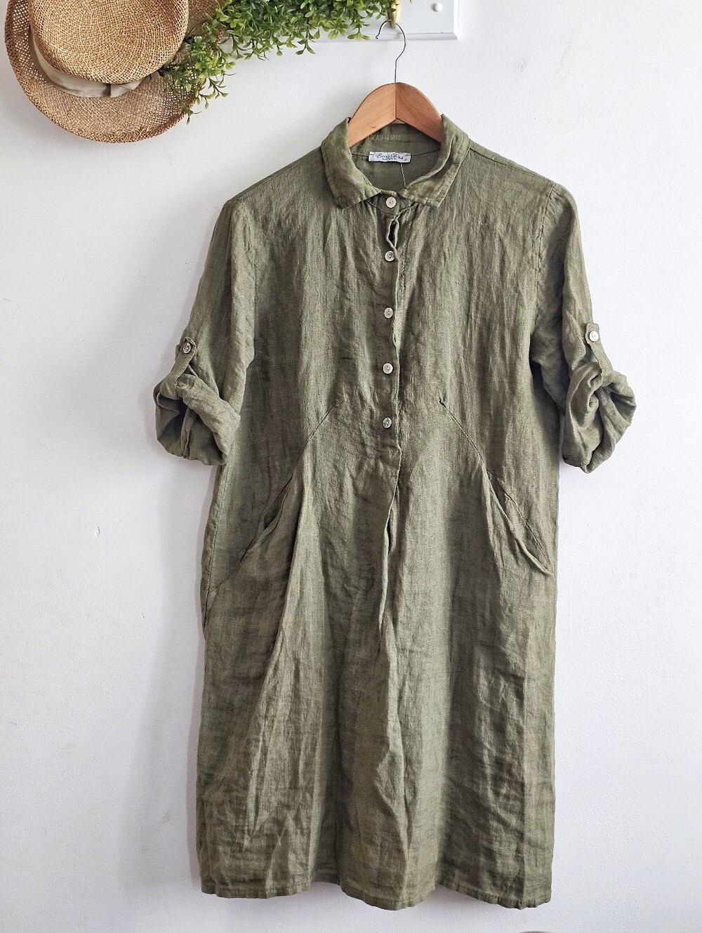 Elena Baldi Italy 100% Linen Olive Green Lagenlook Midi Dress M